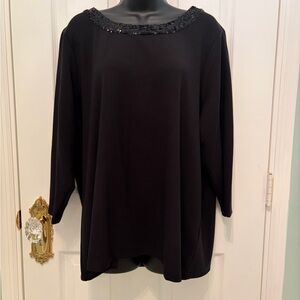 Cable & Gauge Black Blouse with Embellished Sequin Boat Neckline. Stretchy NWOT